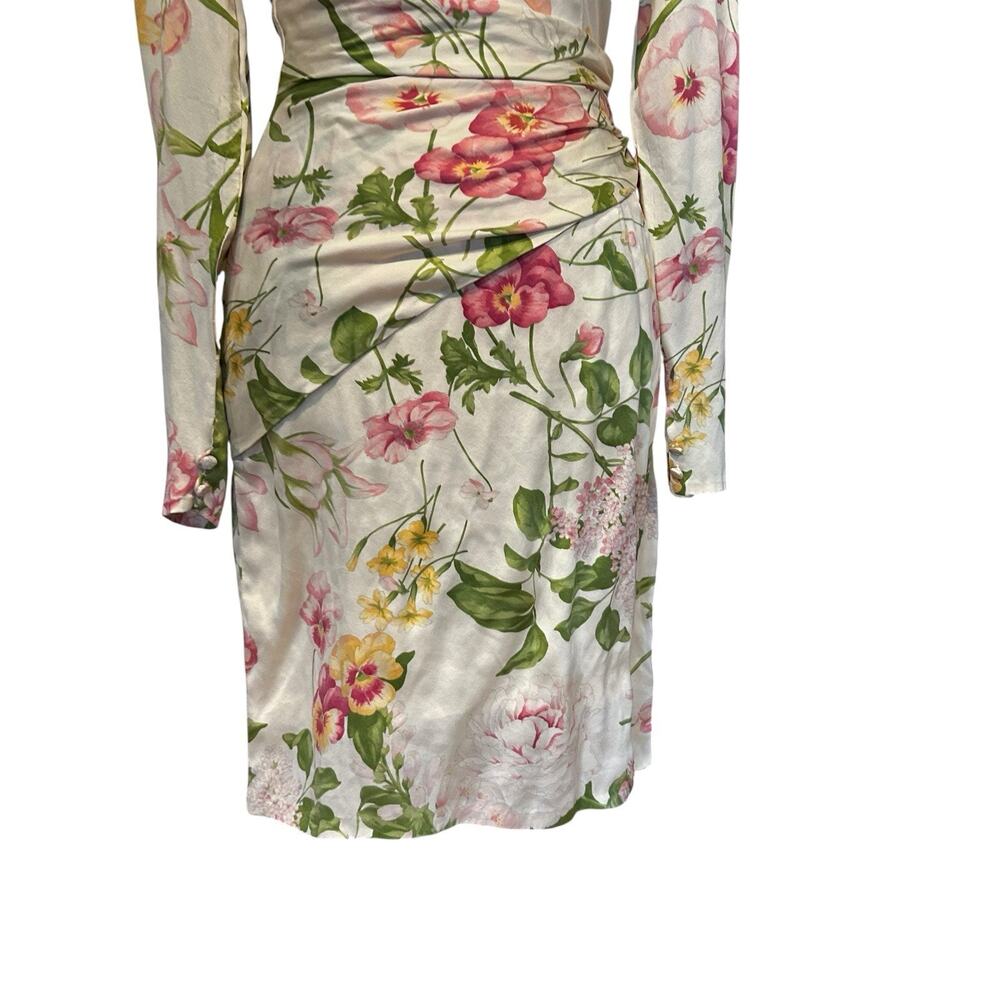 Bill Blass Vintage 80s Silk Floral Sheath Dress Ruched Waist Long Sleeve XS - Picture 10 of 13